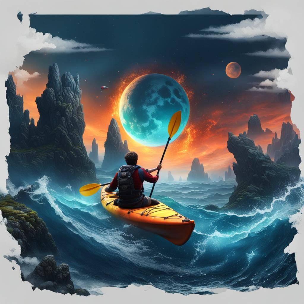 Kayaking on Deep Sea Half Moon: Fantasy Art