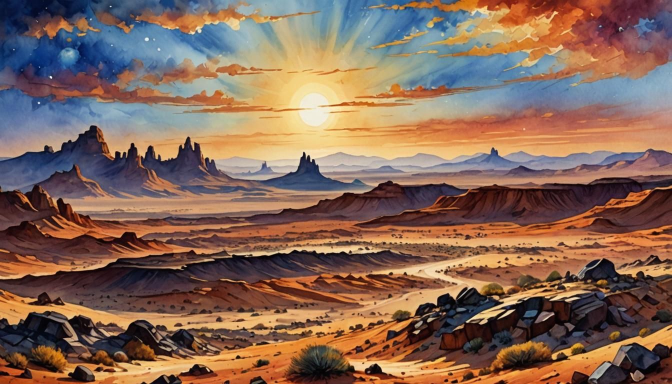 Tatooine Sunset: Watercolor Desert Landscape in Van Gogh Sty...