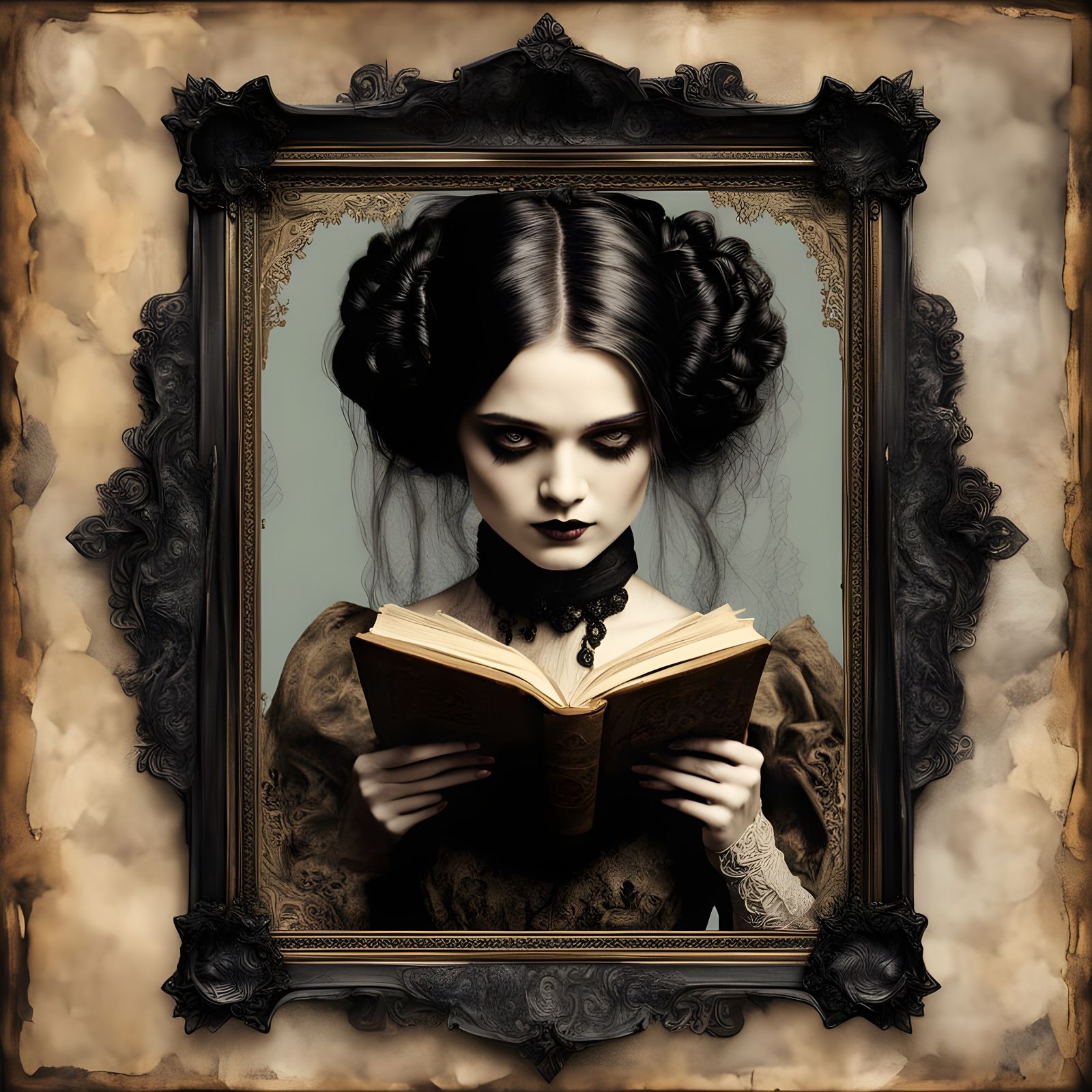 Eerie Victorian Woman with Book, Impasto Painting
