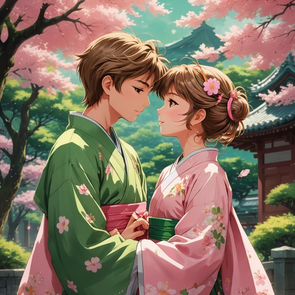 Sakura and Syaoran Kiss: Ghibli-Style Anime Key Visual