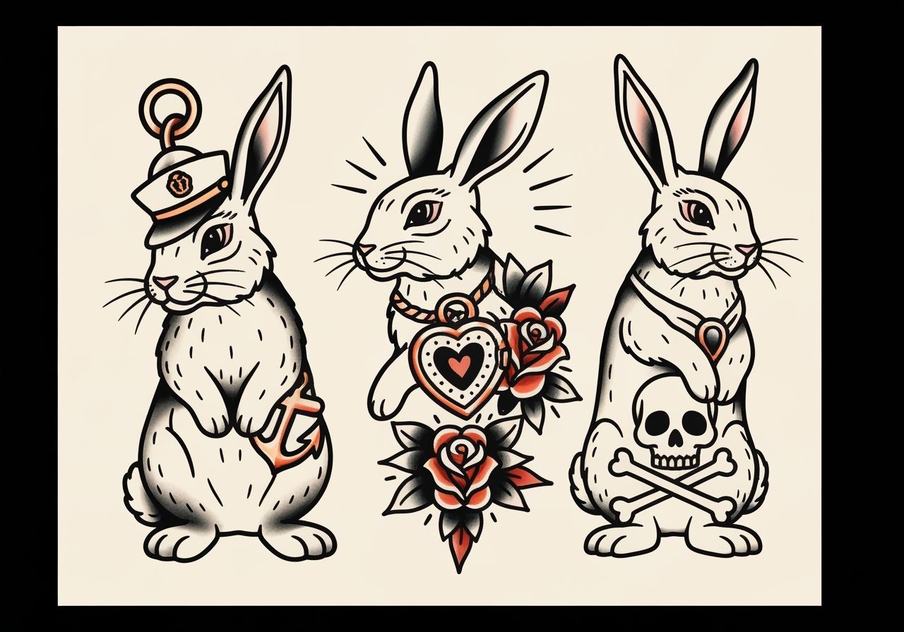 Traditional Tattoo Art: Stylized Rabbits Flash Sheet