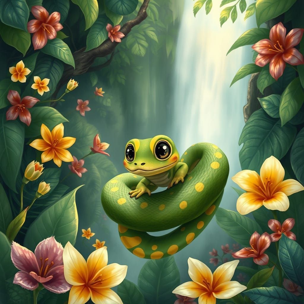 Whimsical Jungle Scene with Snake and Waterfall