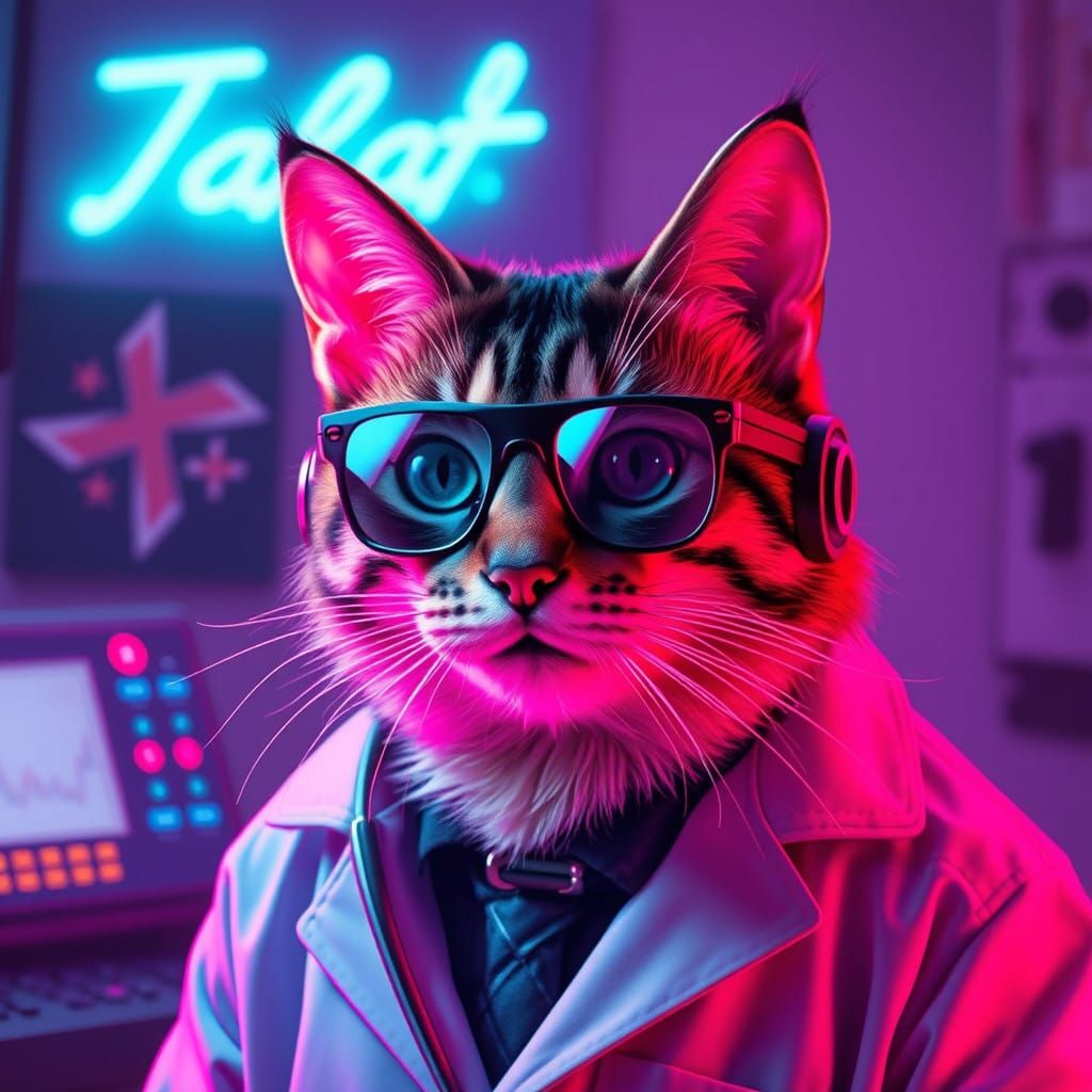 Neon Cat in Retro Synthwave Doctor's Office