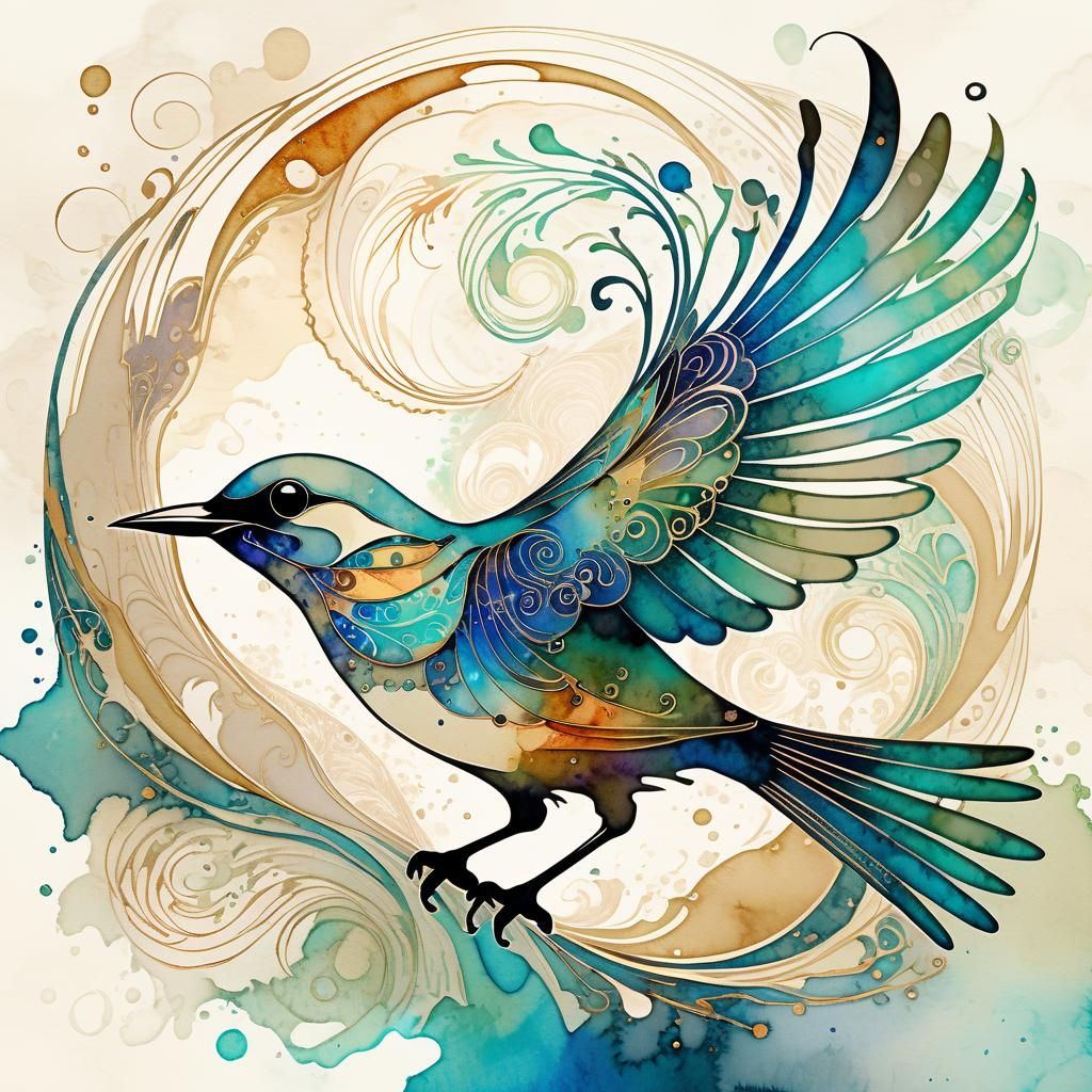 Dreamy Bird in Watercolor and Ink, Alphonse Mucha Style