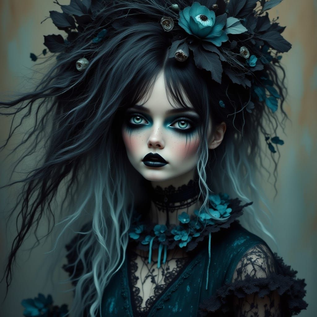 Gothic Woman in Velvet Dress, Dark Romanticism Style