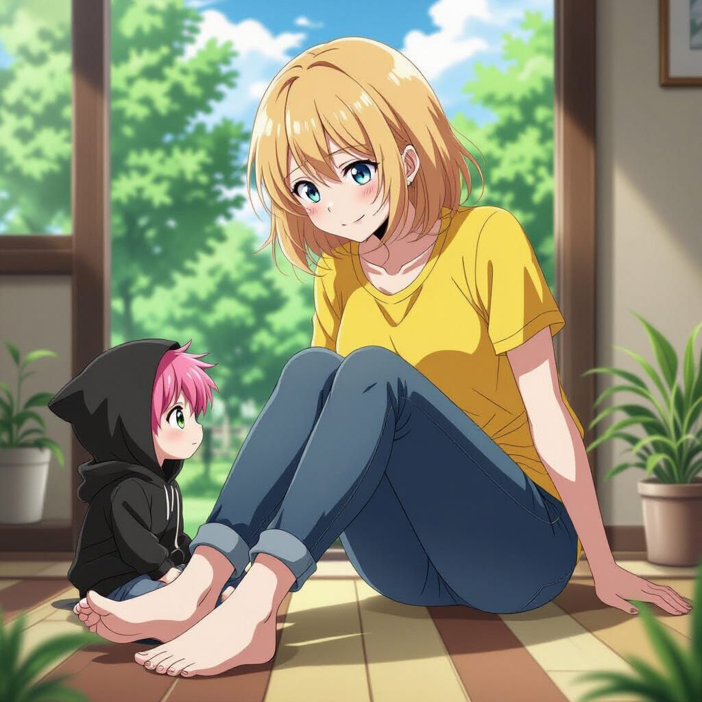 Giant Girl and Tiny Boy in Anime Style