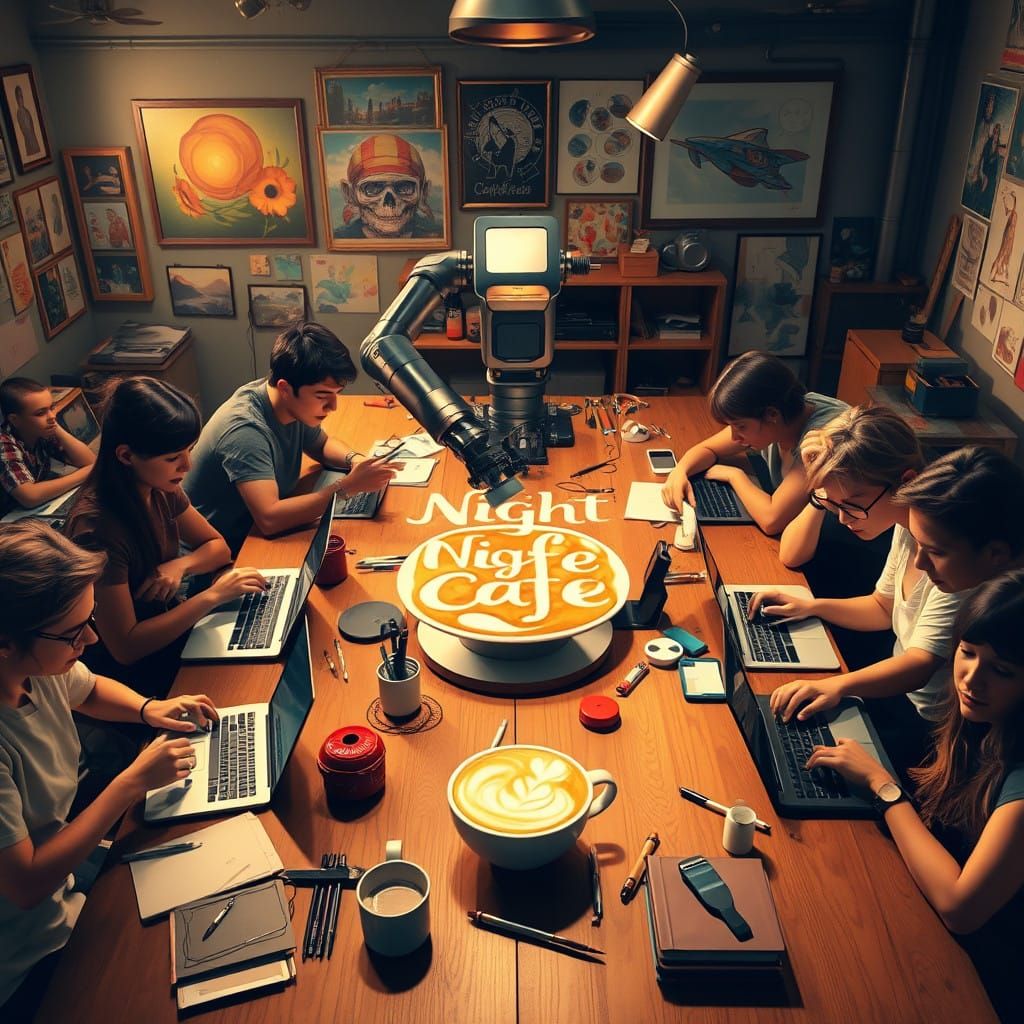 a group of creators gathered around a large table, laptops a...