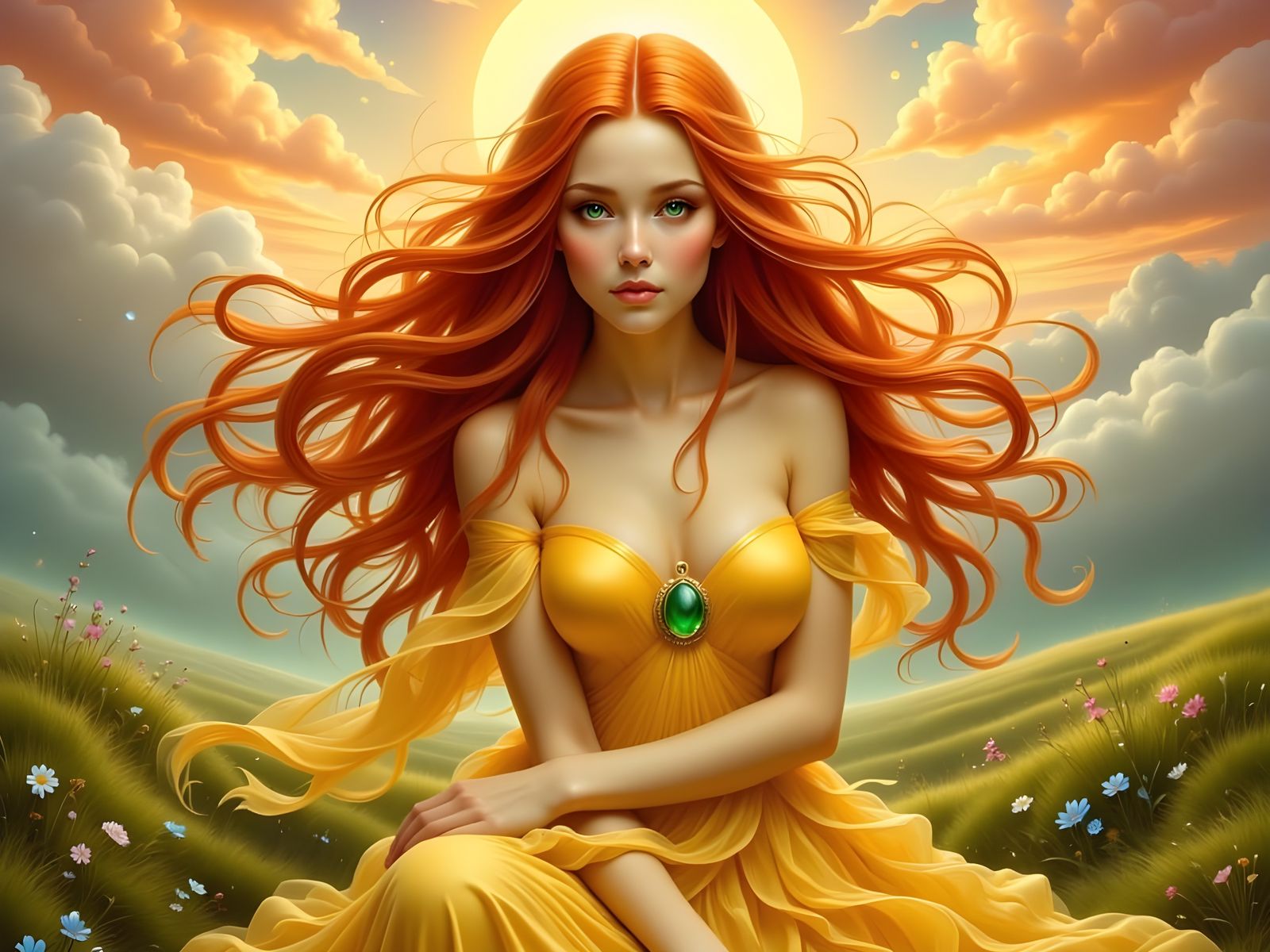 Ethereal Norse Sun Goddess in Art Nouveau Dreamscape
