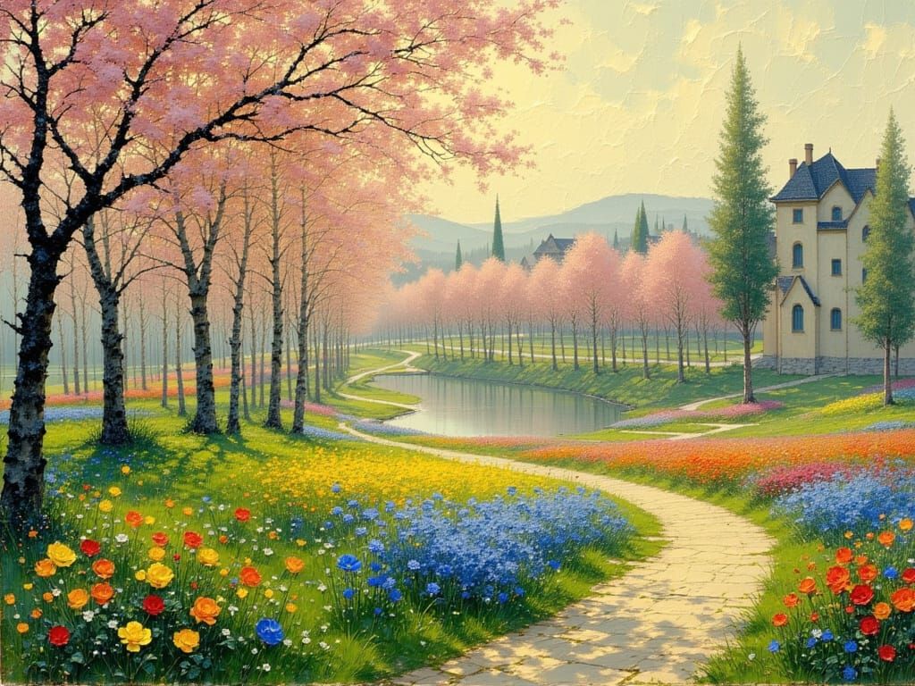 Blossoming Apple Garden in Golden Evening Light