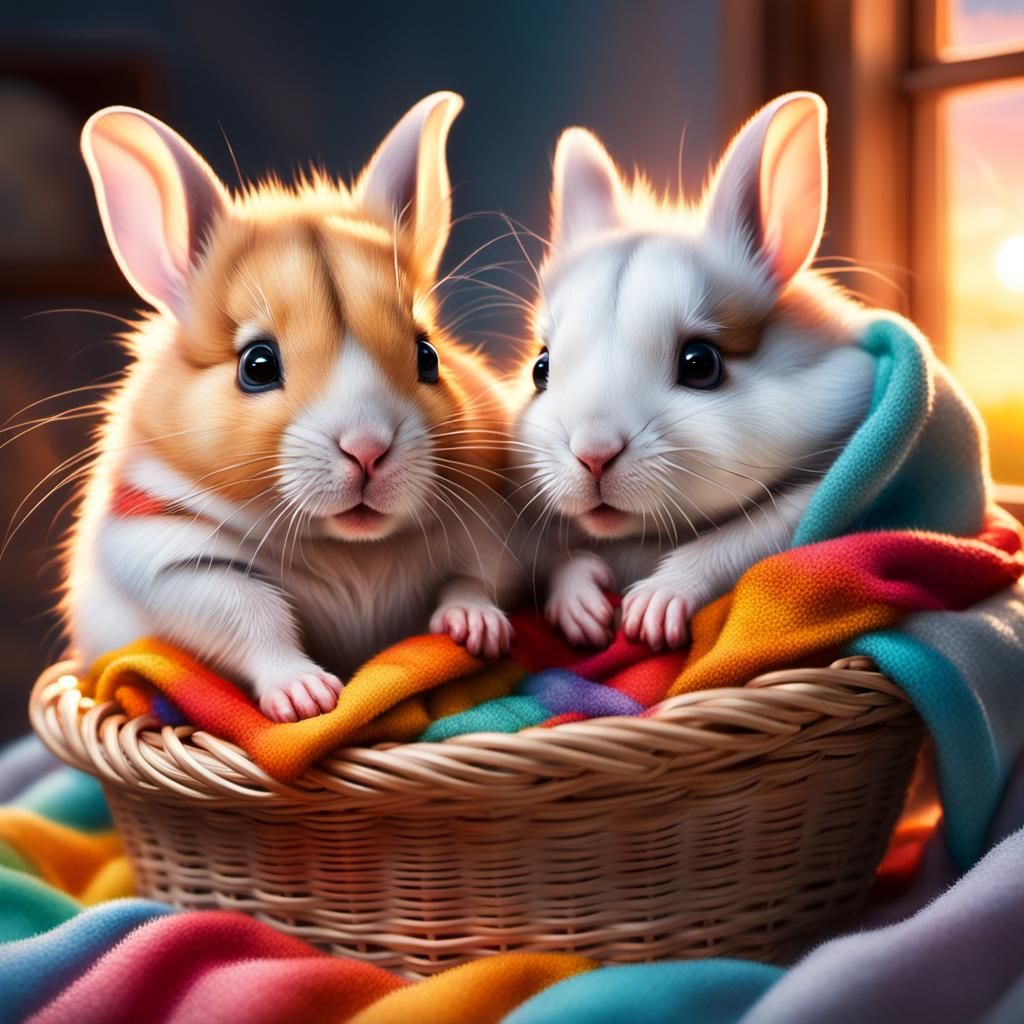 Hamster and Bunny in Basket at Sunset