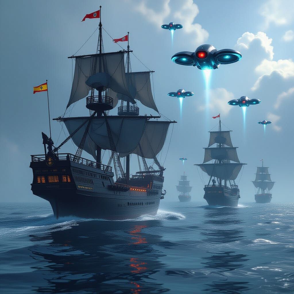 Flotilla Ship and Warship with Drones in Cinematic Concept A...
