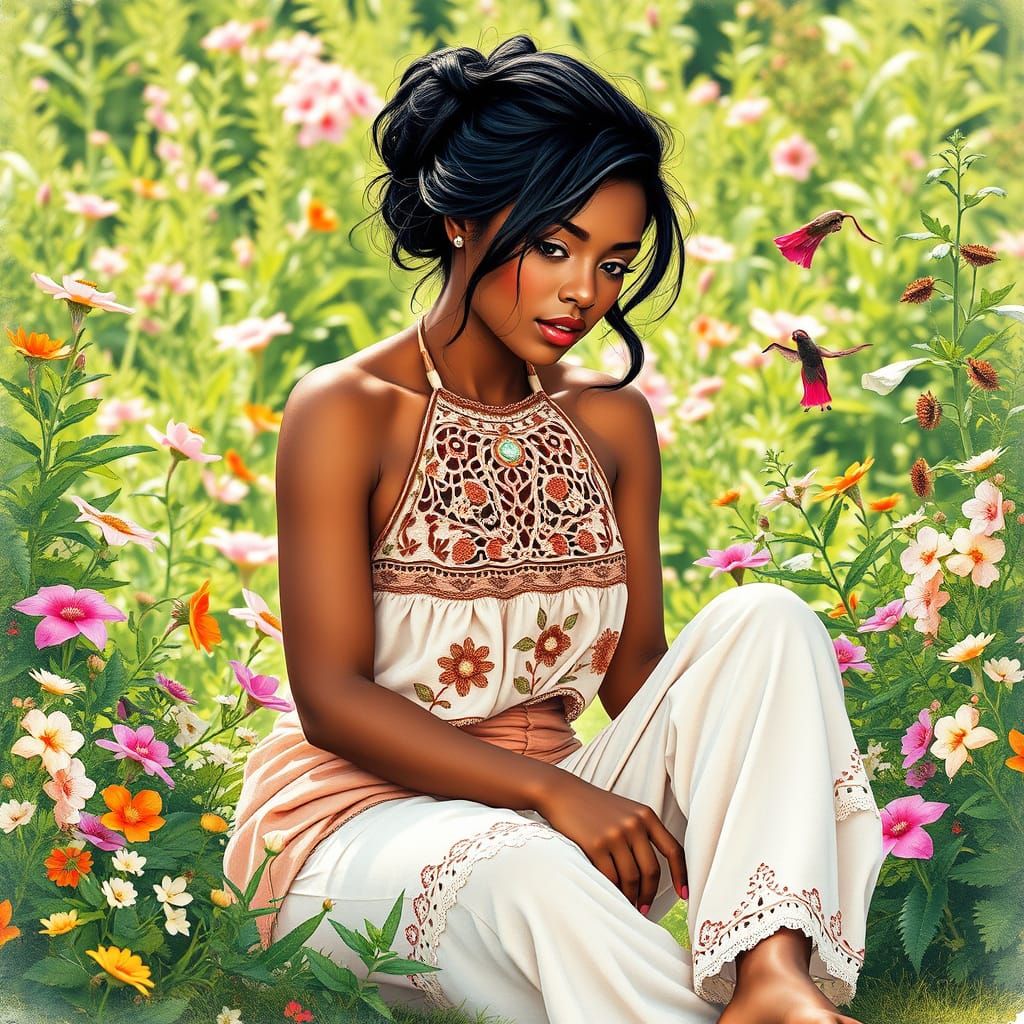 Dreamy Woman in a Whimsical Garden in Watercolor Style