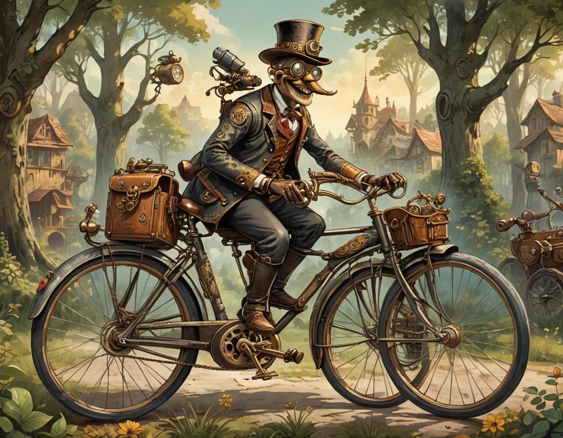 Talking Bicycle in Whimsical Steampunk Forest Illustration