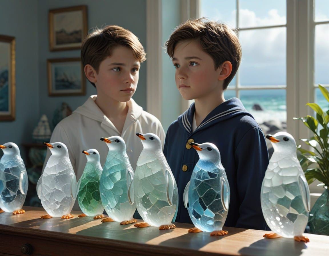 Boy with Sea Glass Penguin Sculptures in Digital Art Style