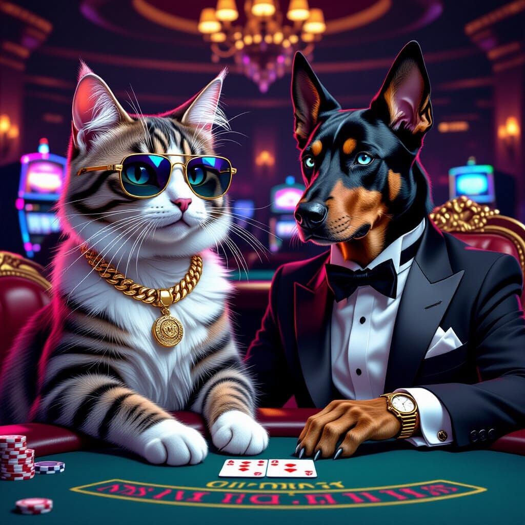 Cats Playing Blackjack in Neon Casino