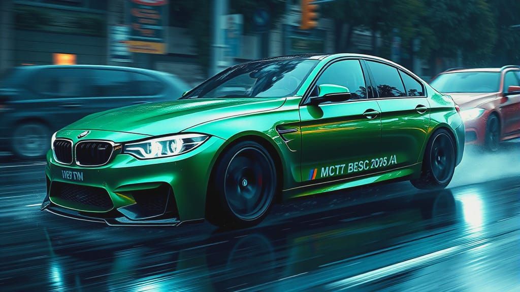 Green BMW E90 Drifting in Rainy Traffic