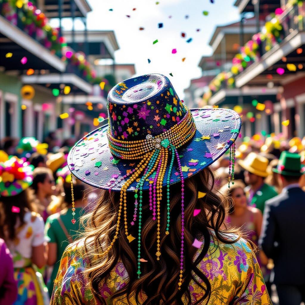 A hat of bead strings sitting on a female Mardi Gras celebra...