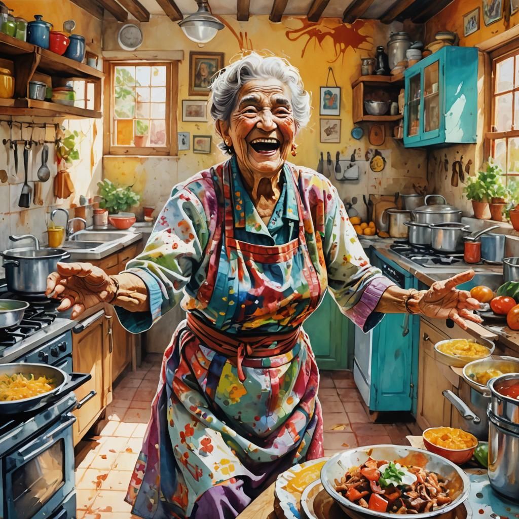 Rejoicing Abuela Dances in Colorful Kitchen: Watercolor Art