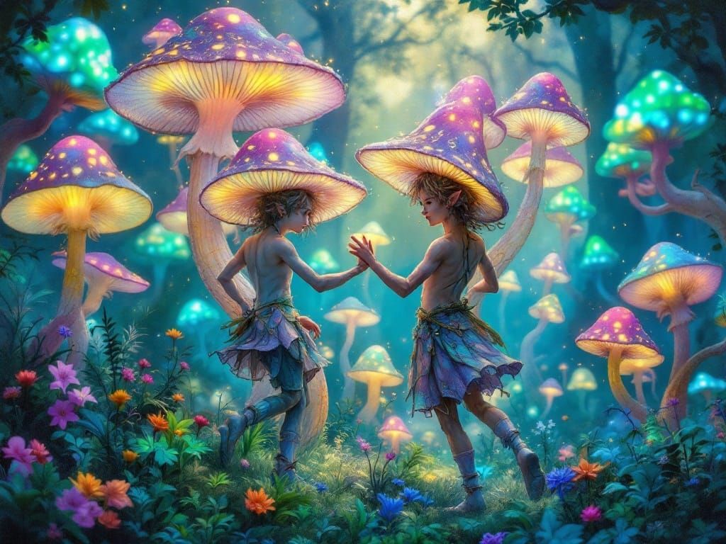 Enchanted Whimsy of Gay Mushroom Pixies in a Dreamy Garden