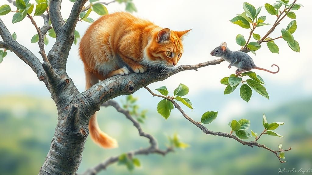 Ginger Cat and Mouse in Whimsical Watercolor Landscape
