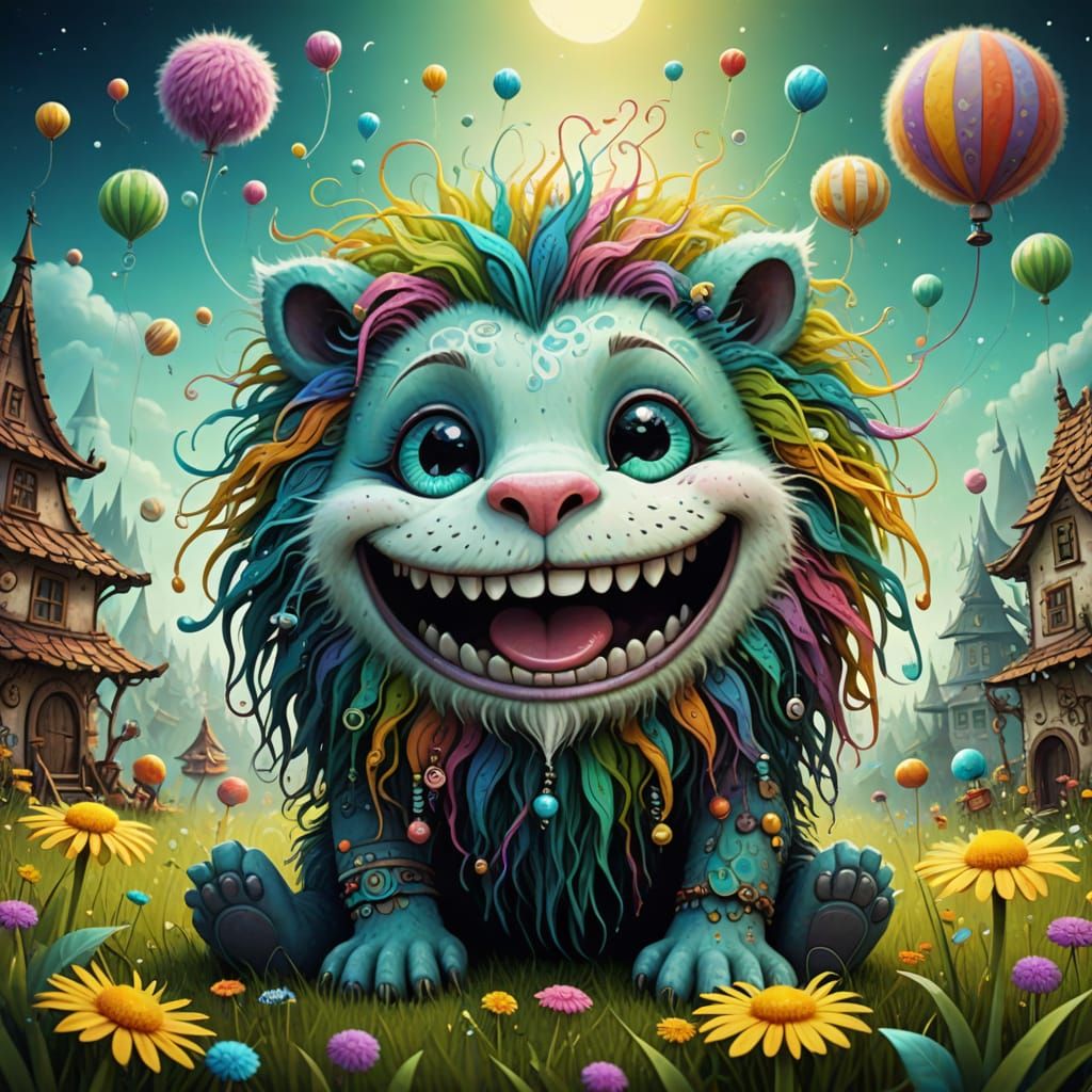 A joyful furry funny laughing monster with a wide grin