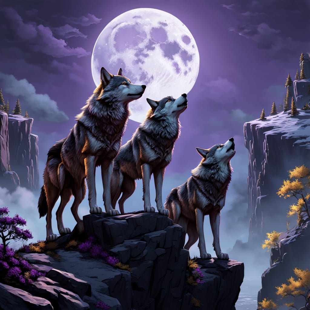 Moonlit Wolves in Dark Fantasy Landscape