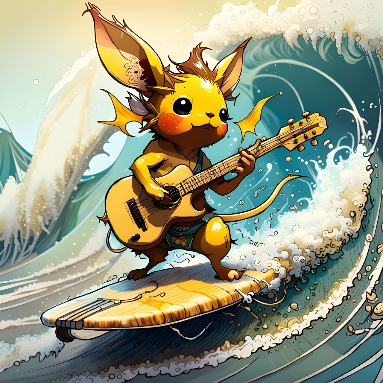 Raichu Surfing and Playing Guitar on Hot Beach