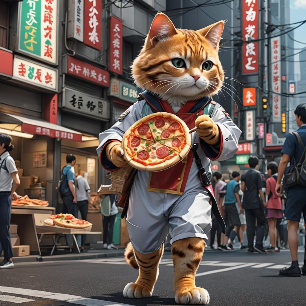 Futuristic Samurai Cat Delivers Pizza in Anime Style