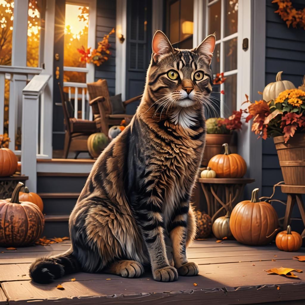 Dark Tabby Cat with Fall Decor in 3D