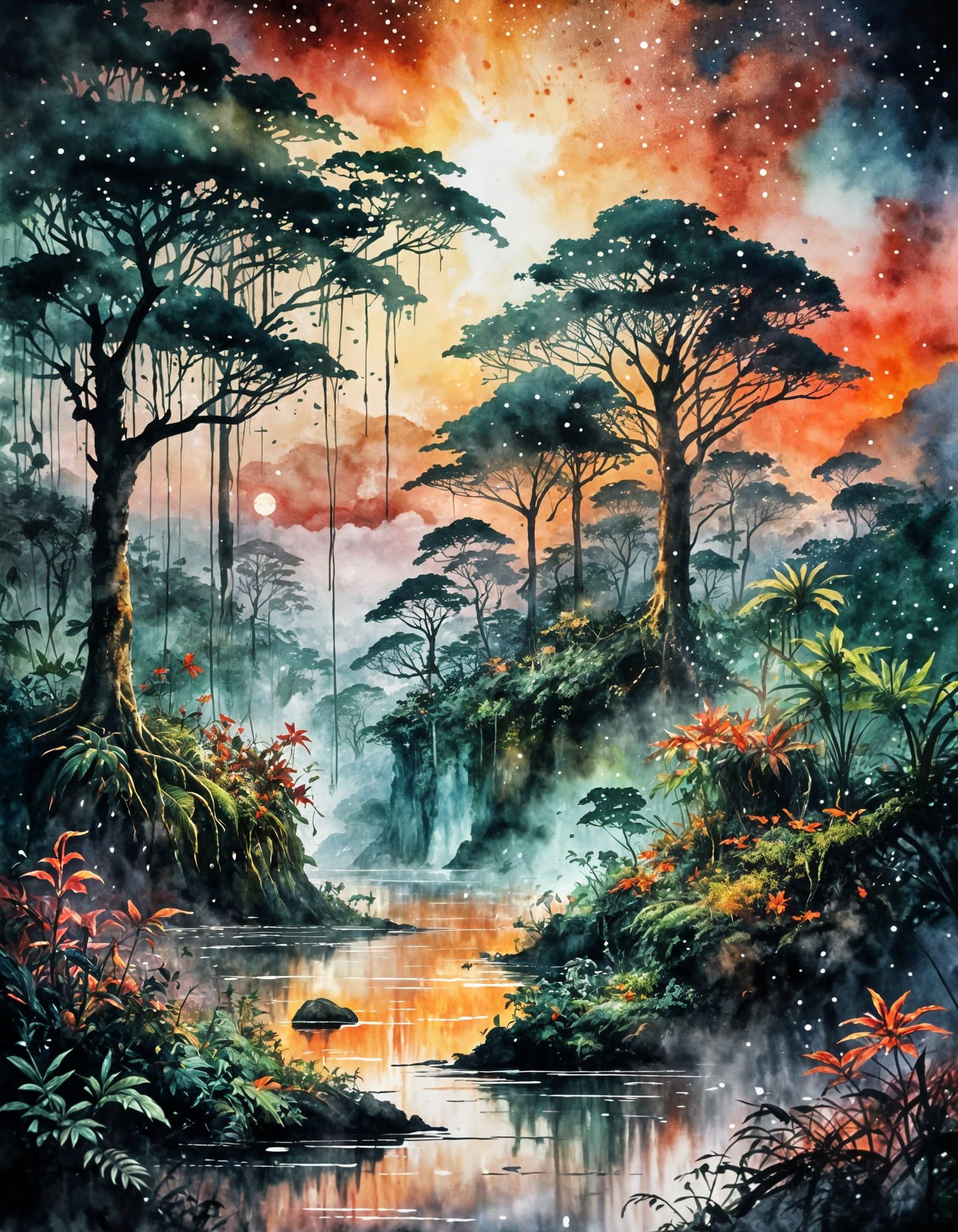 Epic Rainforest at Sunset in Watercolor Style