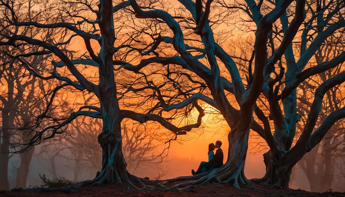 Ethereal Couple in Sunset Landscape, Surreal Art