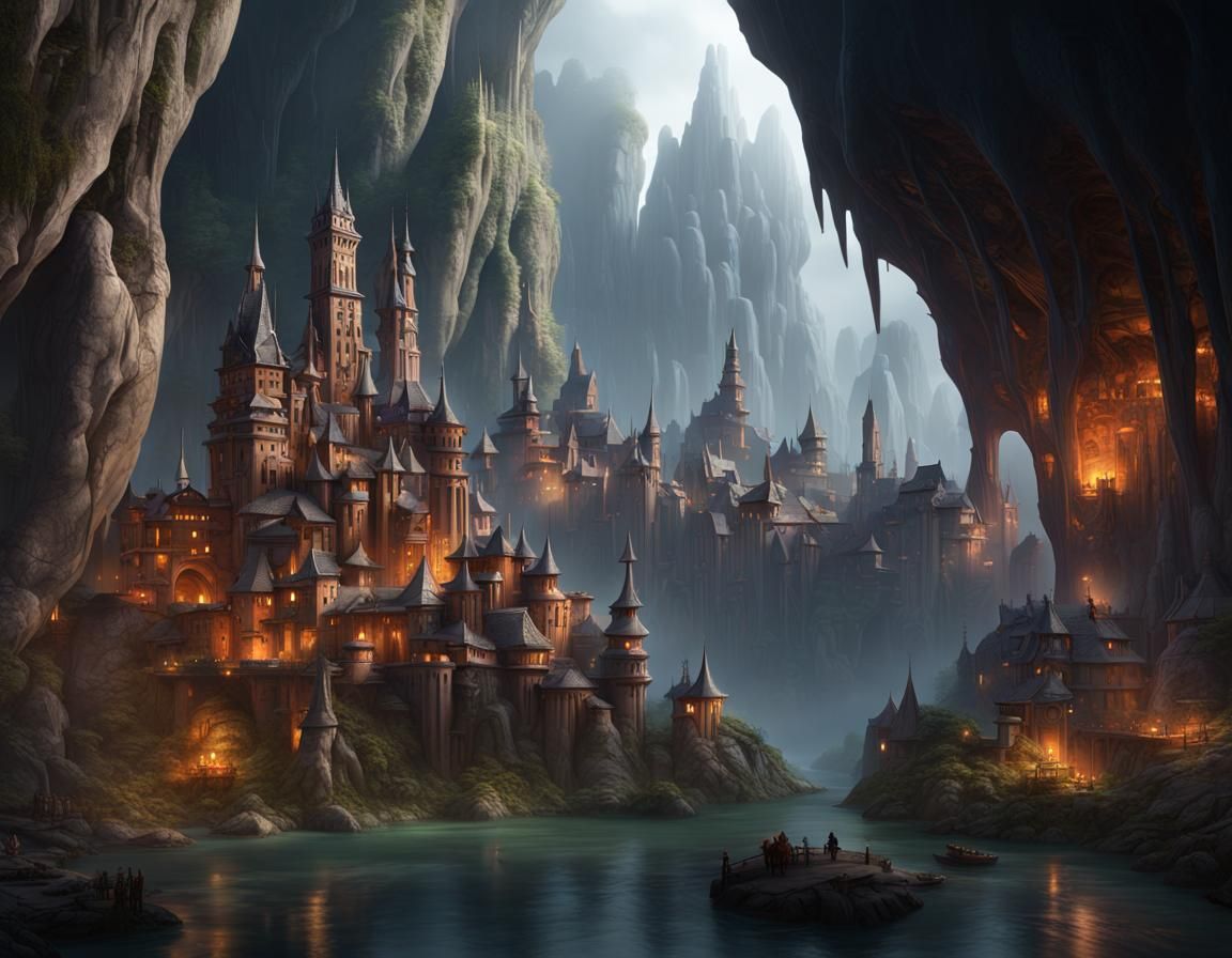 Enchanted Dwarf City in Gigantic Cave: Fantasy Concept Art