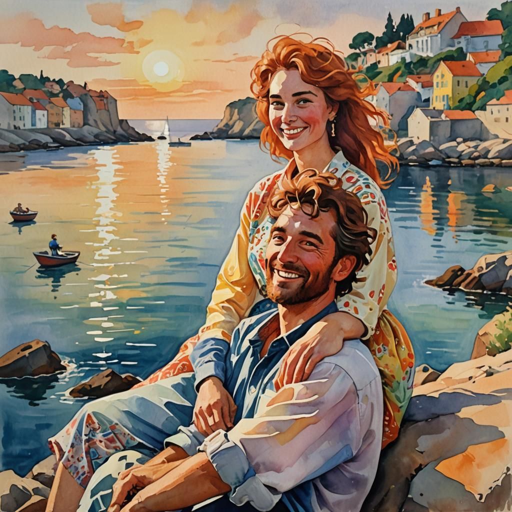 Couple at Sunset: Gouache Impressionist Seascape