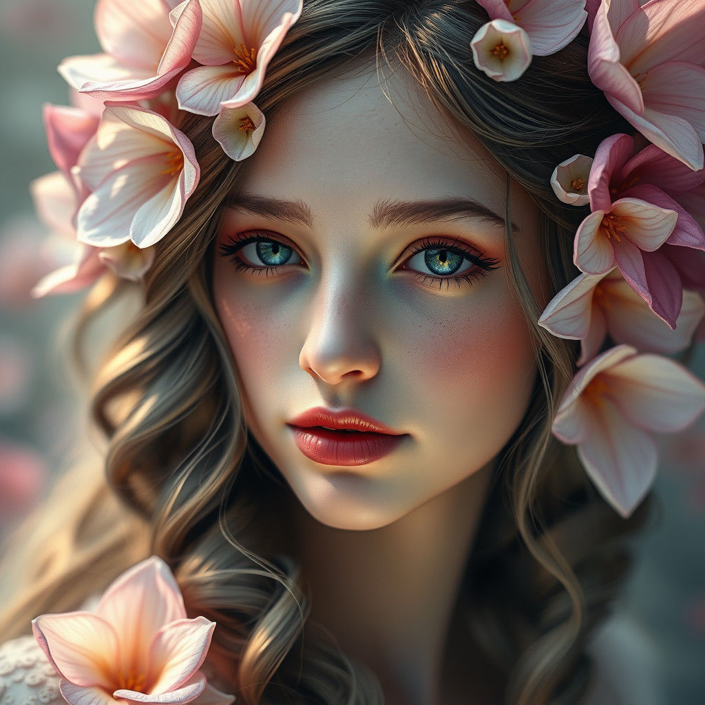 Ethereal Flower Girl Portrait in Art Nouveau Style