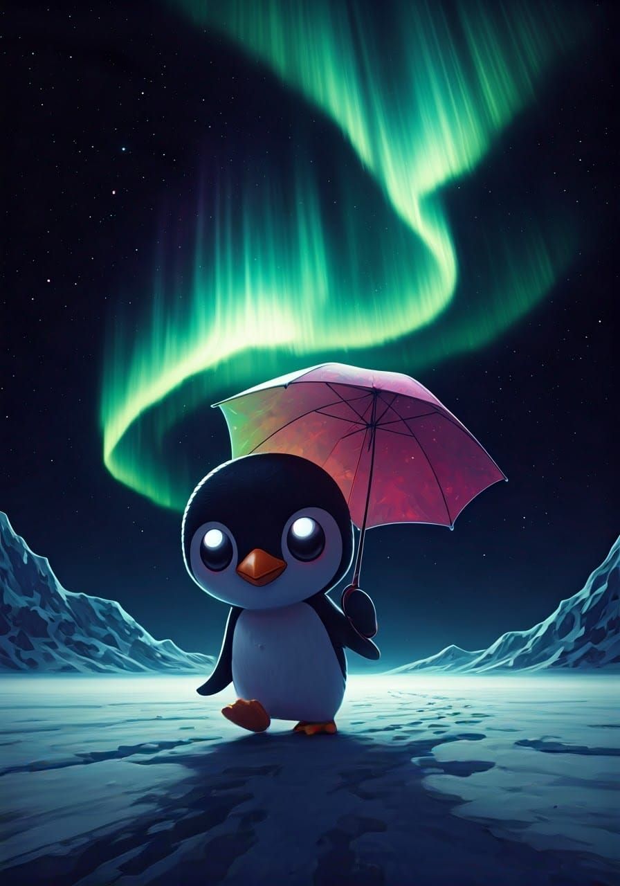 Kawaii Chibi Penguin Against the Antarctic Aurora