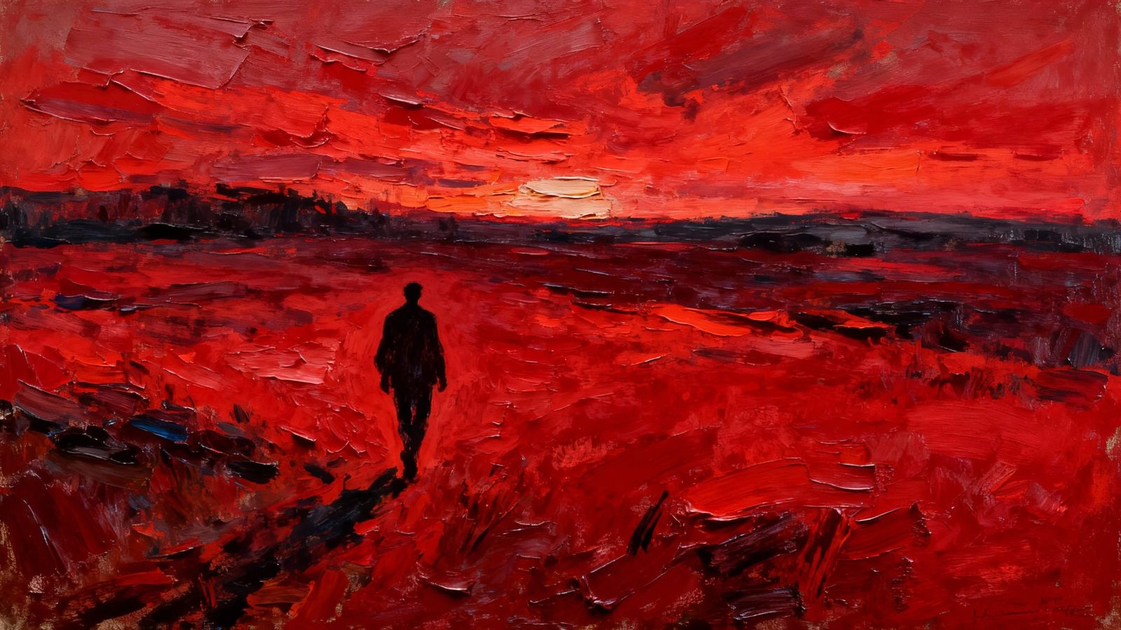 Expressionist Figure in Crimson Landscape at Dusk