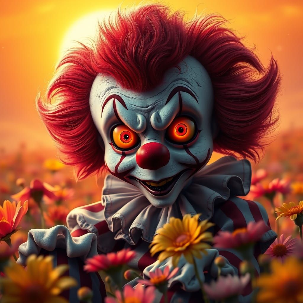 Whimsical Clown in a Sunset Wonderland