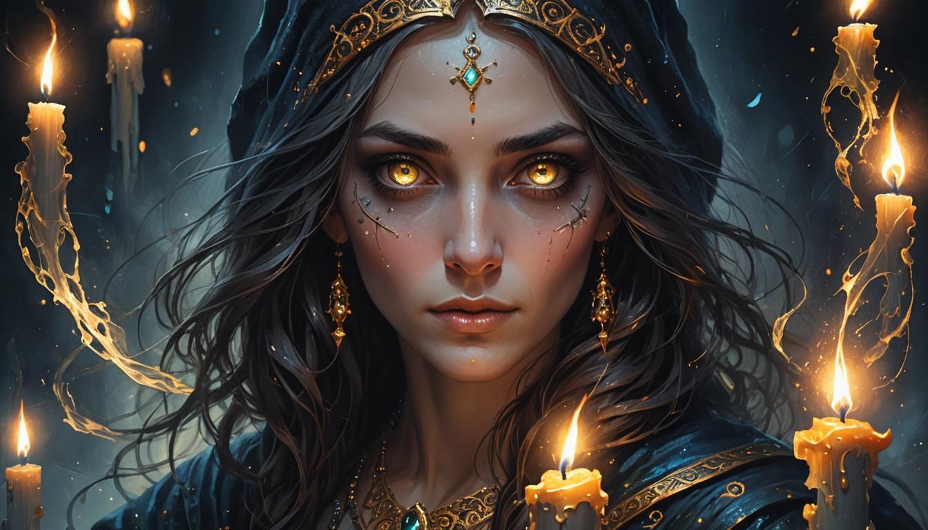 Candle Sorceress Portrait in Dark Oil Painting Style