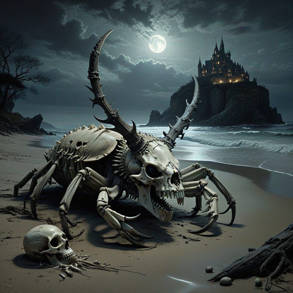 Moonlit Bone Crab Adorned with Gothic Wolf Skull