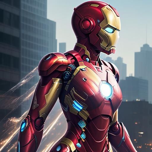Female Iron Man Soars Through City: Hyperrealistic Art