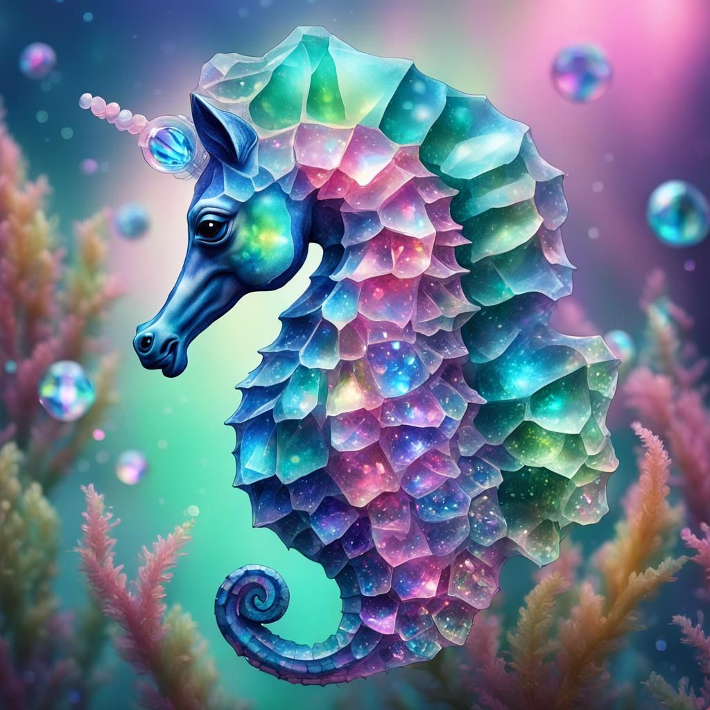 Adorable Seahorse Portrait with Crystal Aura