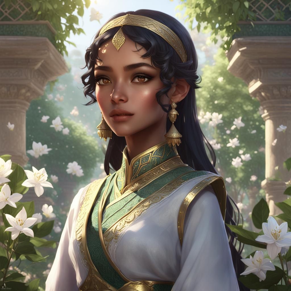 Regal Elf Woman in Jasmine Garden, Anime Art