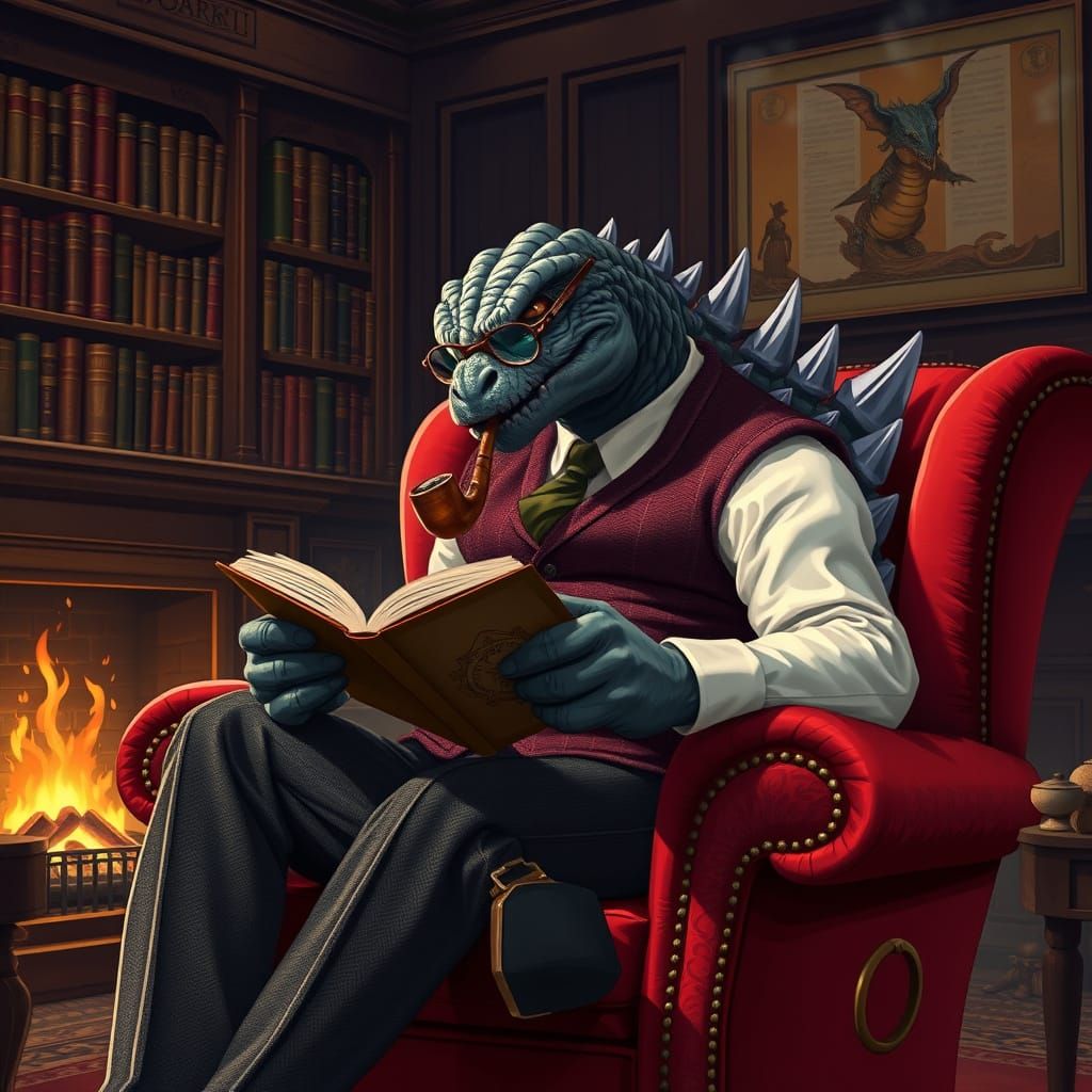 Godzilla in Elegant Study, Inspired by Cyberpunk and Dark Fa...