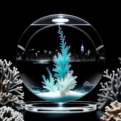 Vibrant Coral Reef Bubble in Monochrome Cityscape