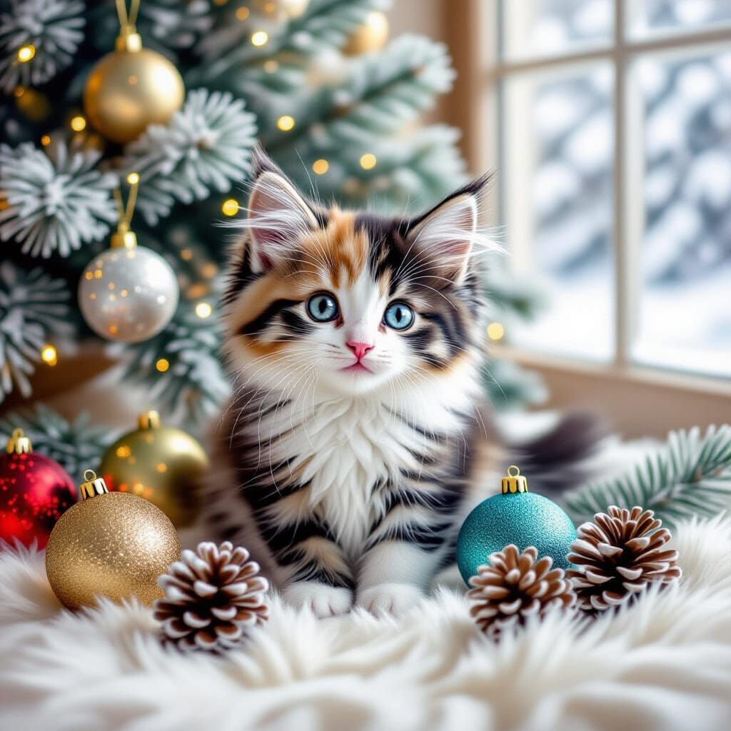 Fluffy Calico Kitten Among Christmas Baubles