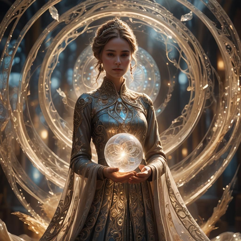Elegant Woman with Crystal Orb in Dreamy Lighting