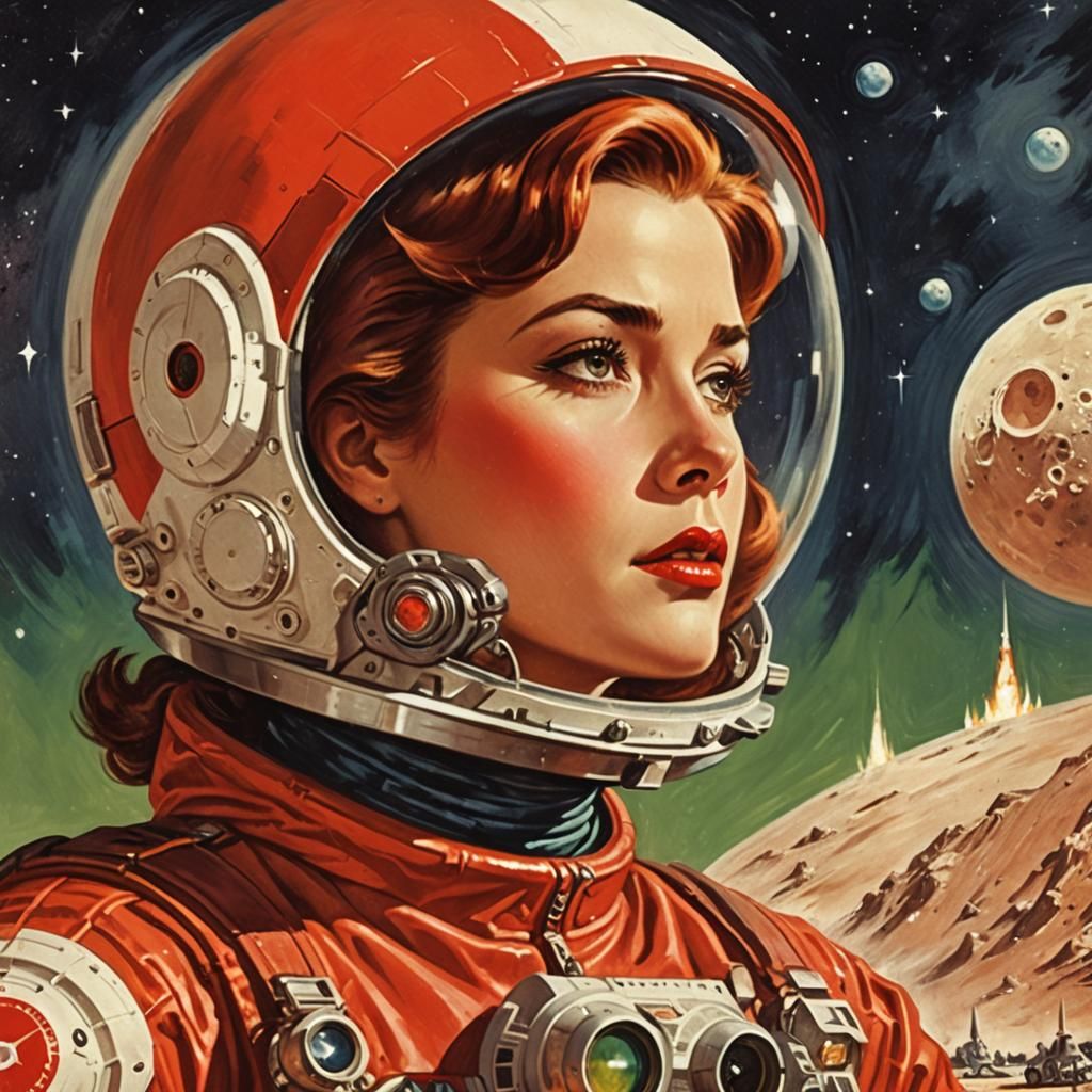 Astronaut and Rocket on Moon, Vintage Sci-Fi Art