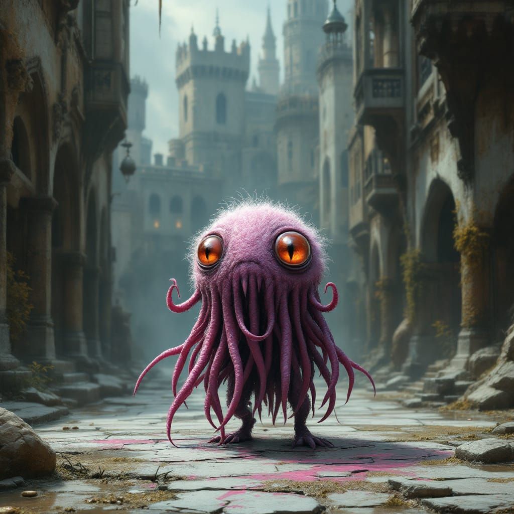 Strange Tentacled Creature in Dystopian Cityscape