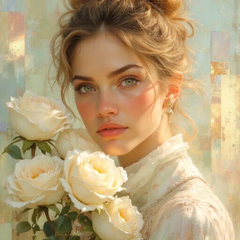 Ethereal Anime Woman with Roses in Mixed-Media Style