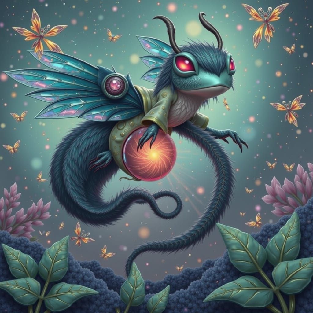 Whimsical Insect-Mammal Hybrid in a Fantasy Landscape